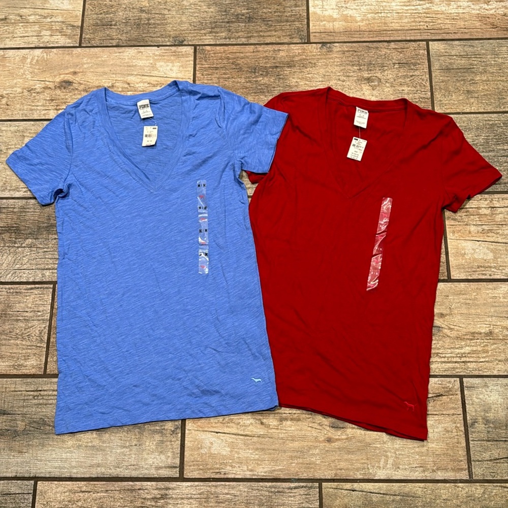 PINK Victoria’s Secret V-Neck T-shirts NWT Blue and Red Size Medium